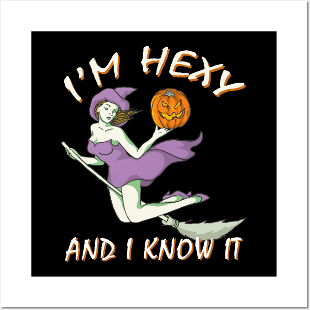 Witch on a Broom with Hexy Saying Wall Art by Halloween Merch